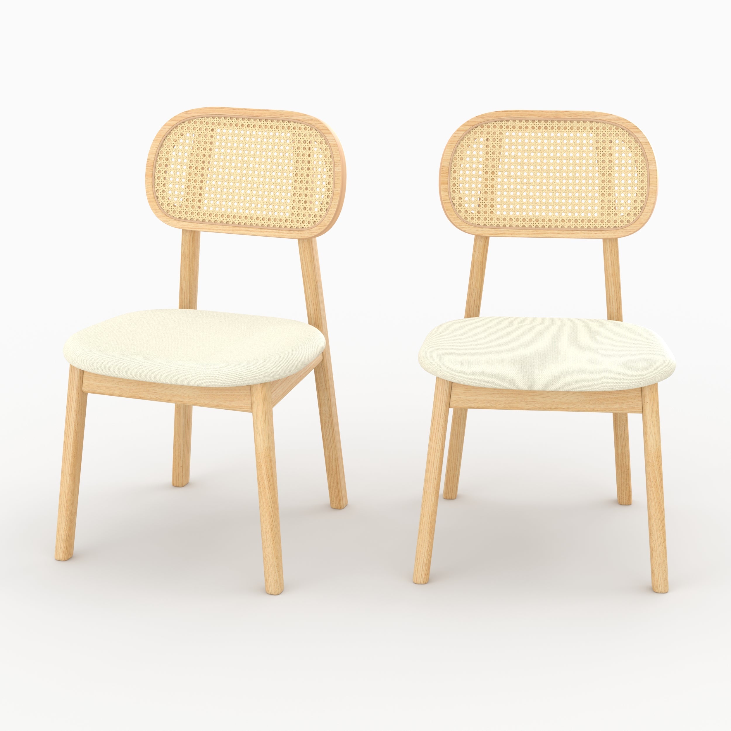 Maria - Lot De 2 Chaises En Bois Clair, Tissu Beige Et Rotin Synthétique