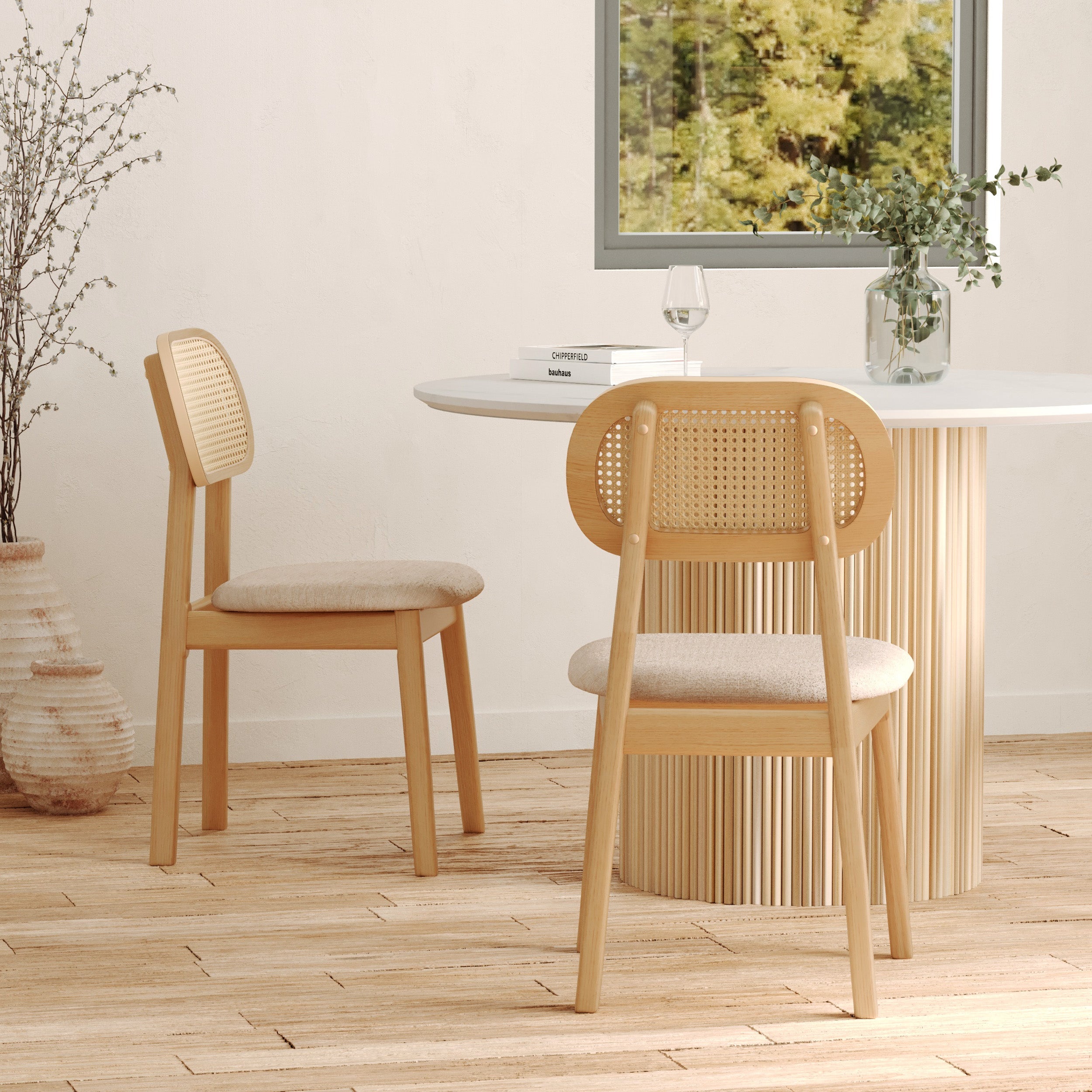 Maria - Lot De 2 Chaises En Bois Clair, Tissu Beige Et Rotin Synthétique