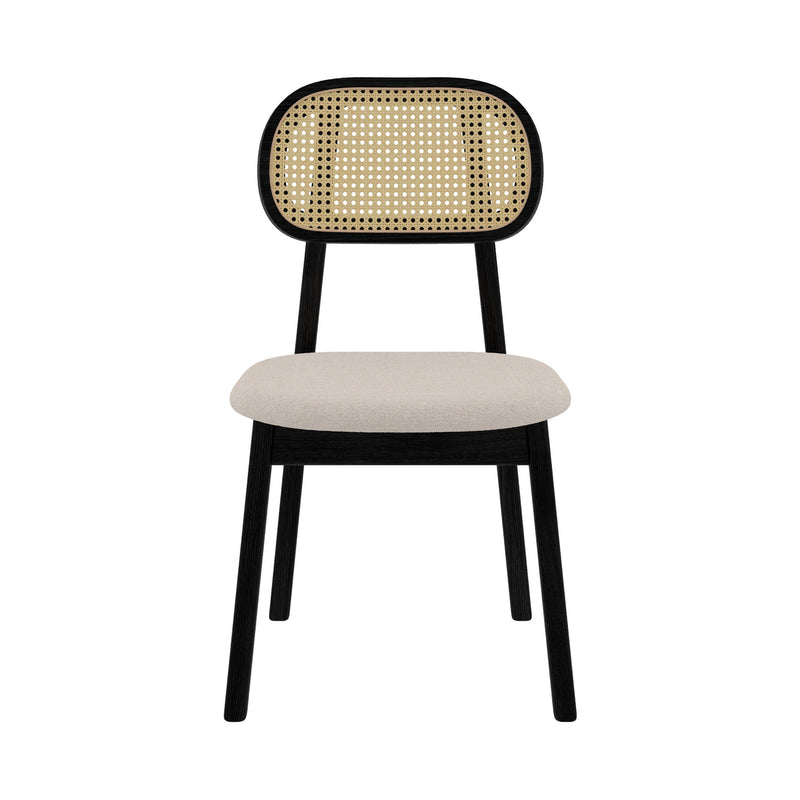 chaise maria en bois noir assise tissu beige dossier rotin