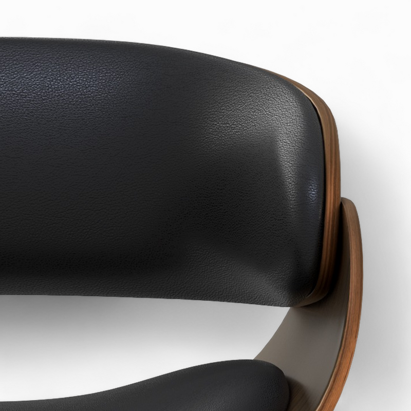 chaise polo en cuir synthetique noir bois plaque noyer