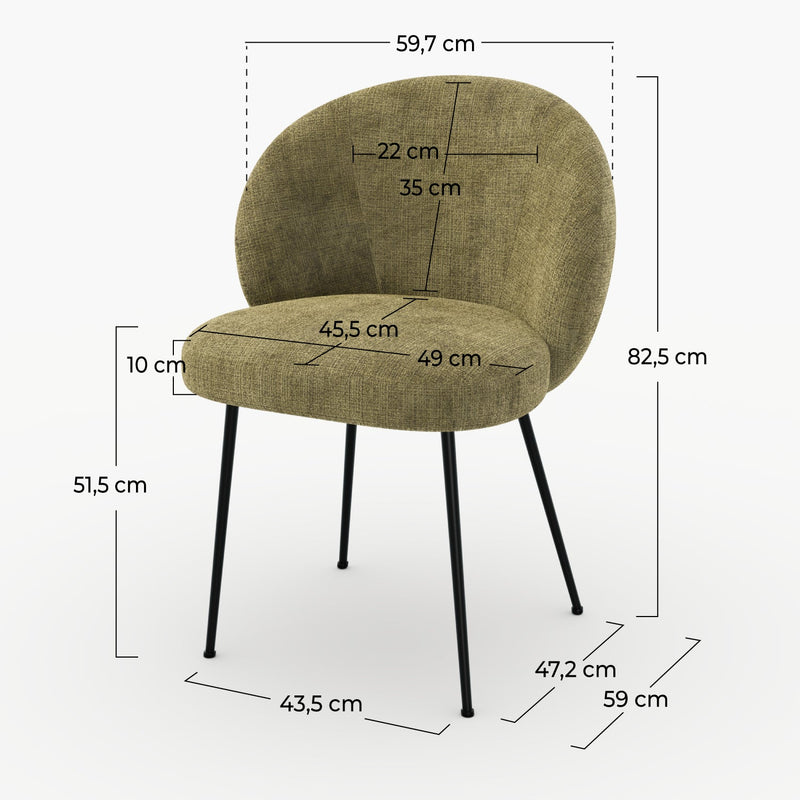 Chaise Bloomy en velours chenillé vert olive foncé et métal noir