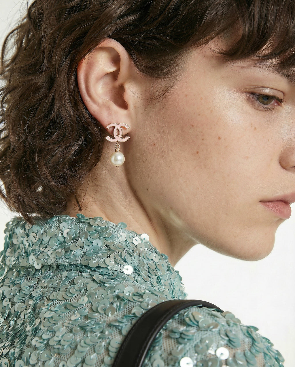 Chanel CC Powder Pink Enamel & Dangling Pearl Earrings