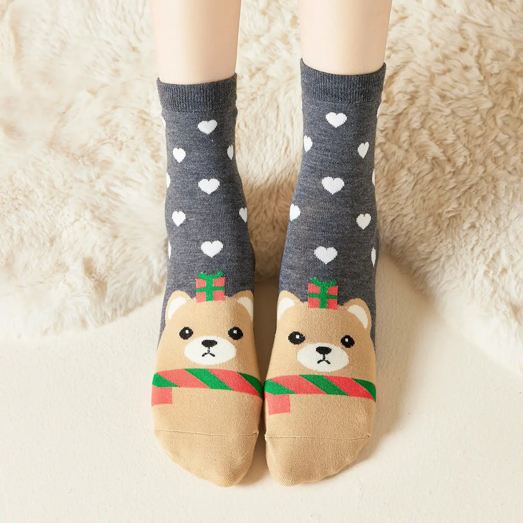 Chaussettes hautes de Noël, motif Ours et petits coeur, fond gris