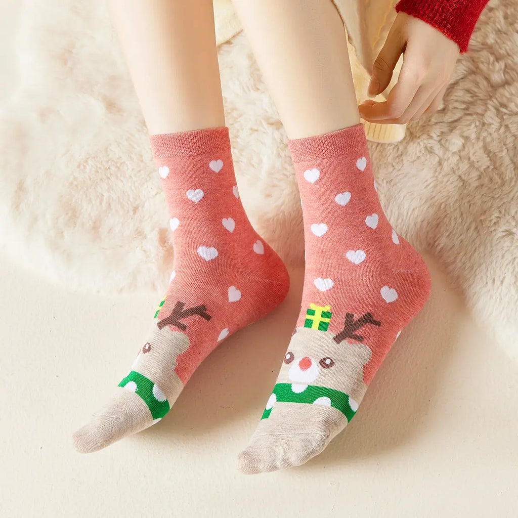 Chaussettes hautes de Noël, motif Renne de Noël et petits coeur, fond rose