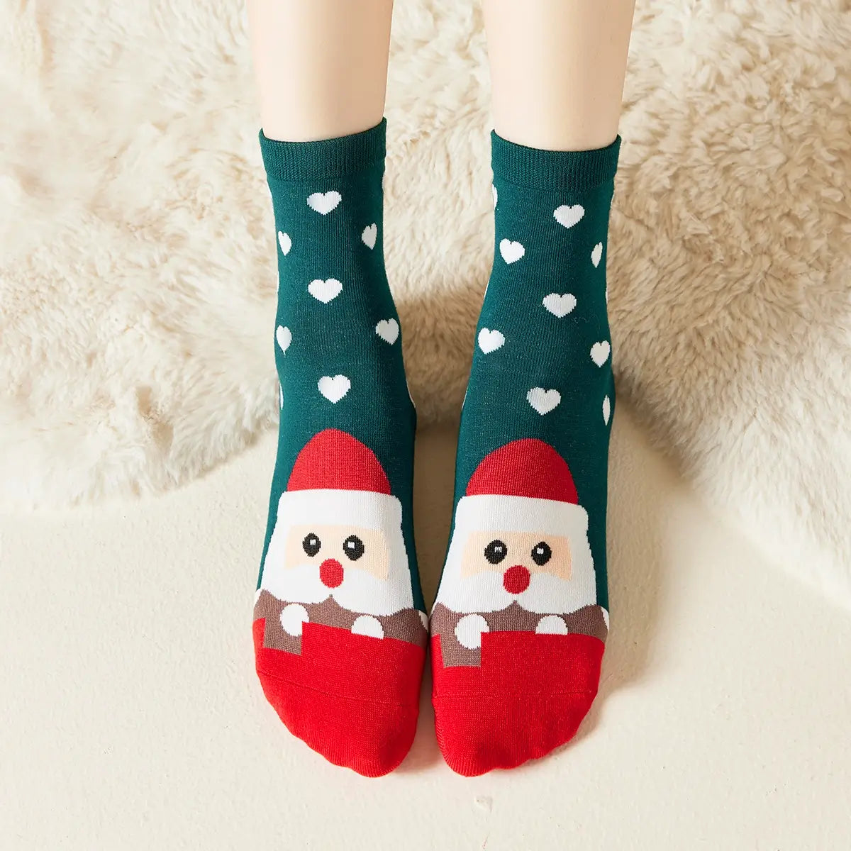 Chaussettes hautes de Noël, motif Père Noël et petits coeur, fond vert