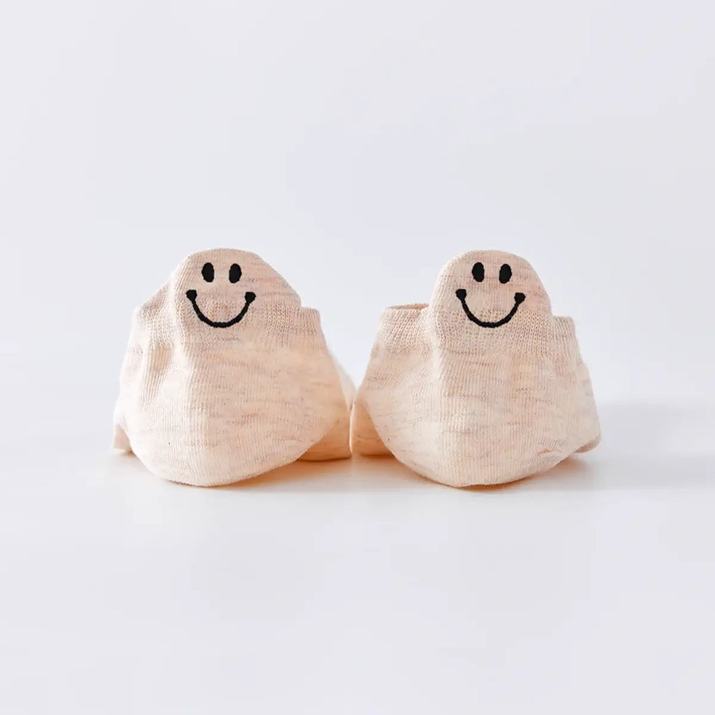 Chaussettes beige en coton à languette sourire à motif smiley pour femme 