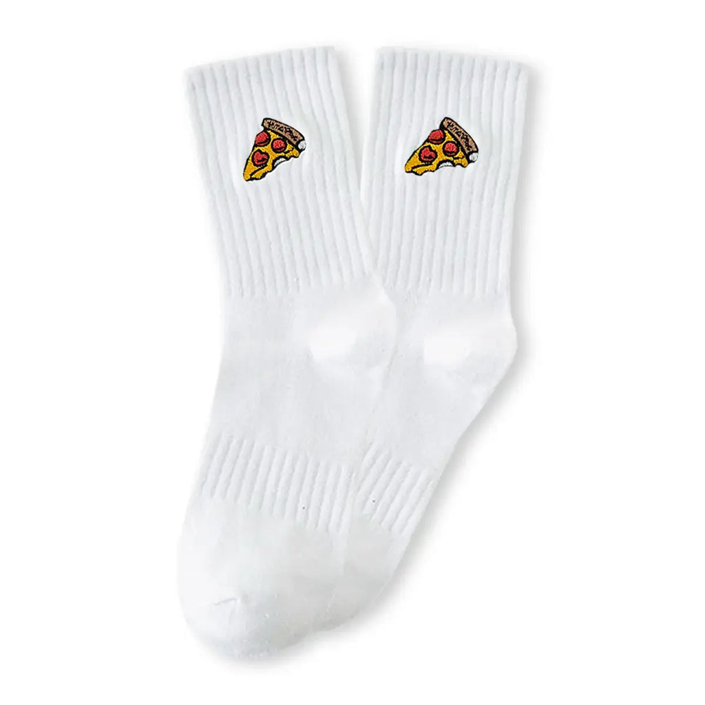 Calcetines deportivos altos, material de canalé para un buen ajuste, rebanada de pizza bordada en el lateral