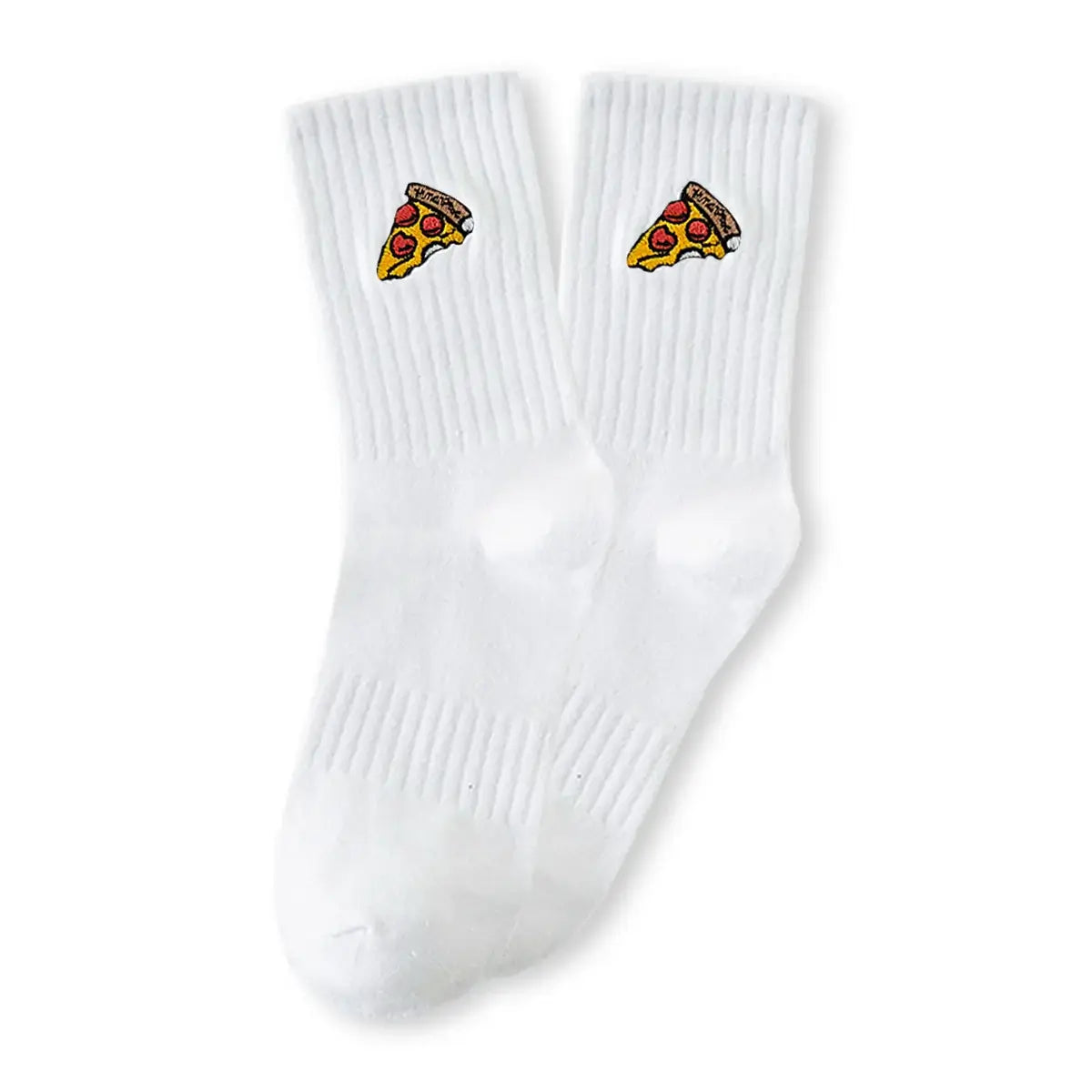 Calcetines deportivos altos, material de canalé para un buen ajuste, rebanada de pizza bordada en el lateral