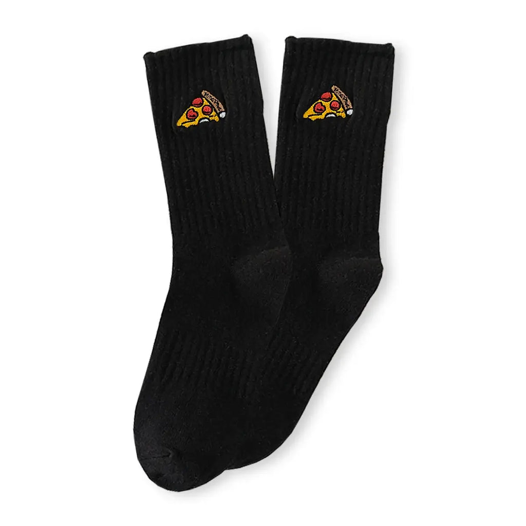 Calcetines deportivos altos, material de canalé para un buen ajuste, rebanada de pizza bordada en el lateral