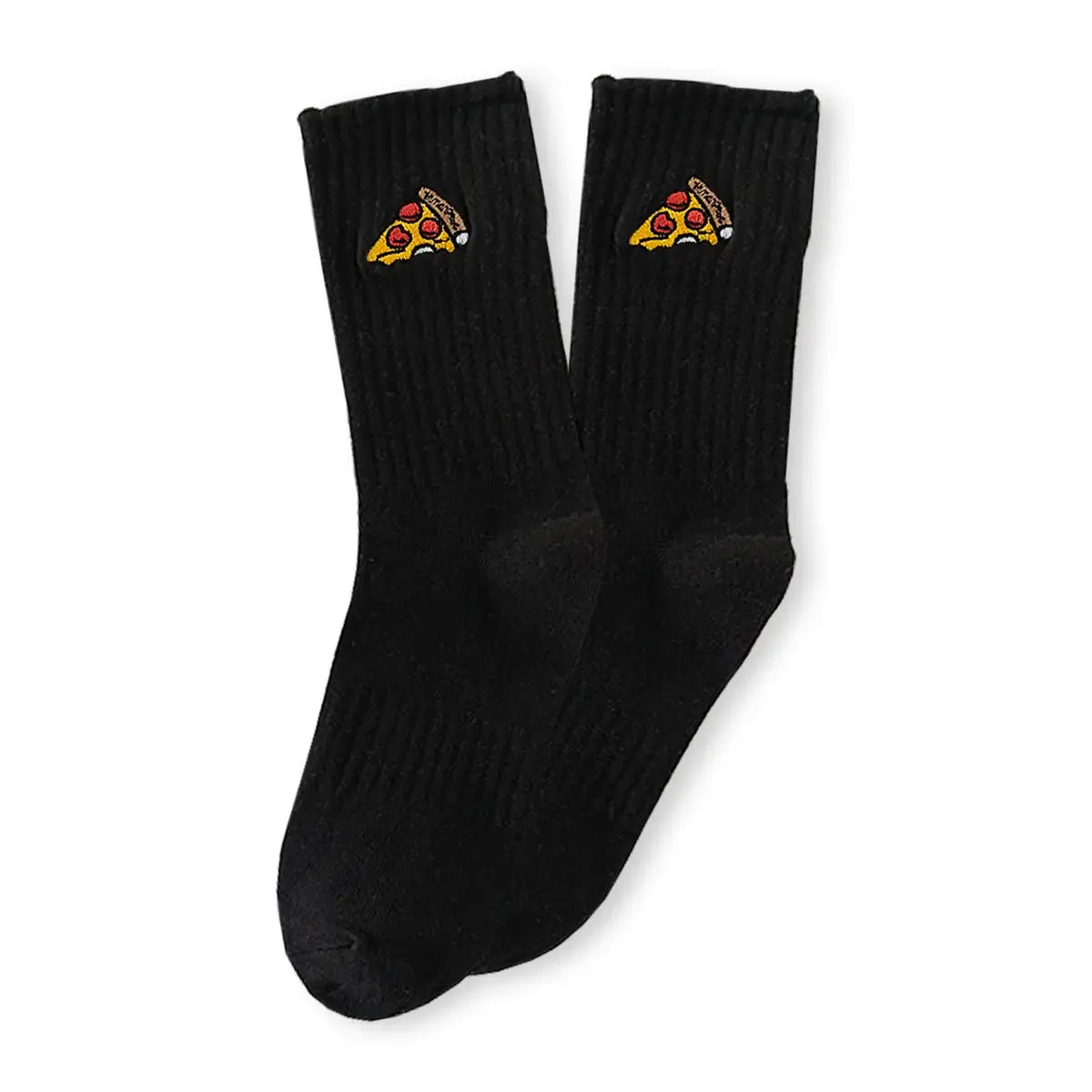 Calcetines deportivos altos, material de canalé para un buen ajuste, rebanada de pizza bordada en el lateral