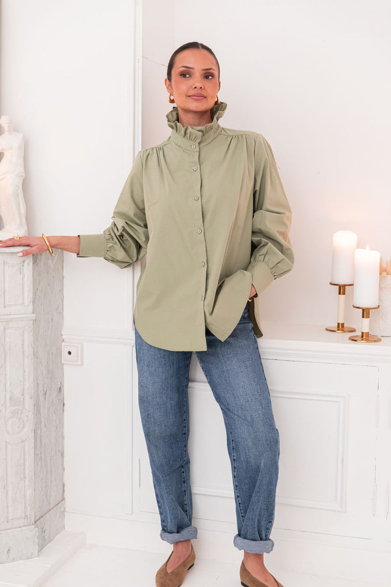 LÉONIE Kaki - Chemise Col Victorien