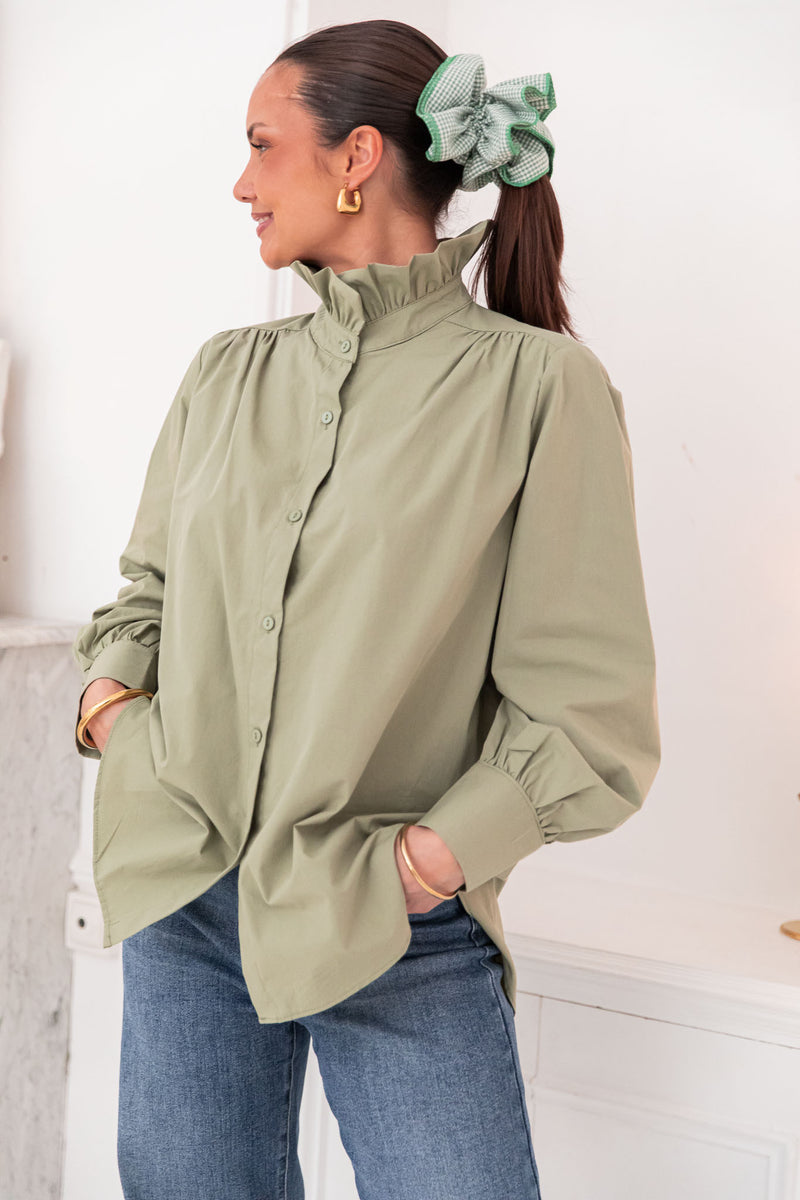 LÉONIE Kaki - Chemise Col Victorien