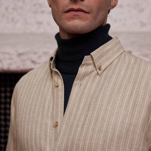 Beige striped cotton, hemp and merino wool shirt