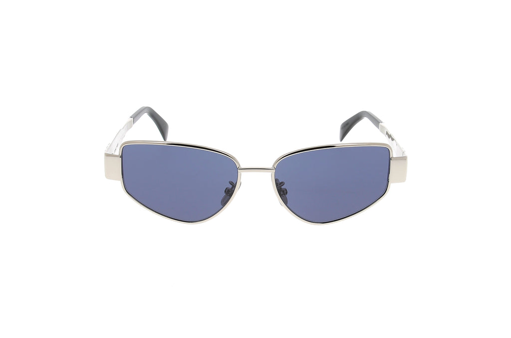Luxury Eyewear – Okulary przeciwsłoneczne - Celine, srebrne okulary przeciwsłoneczne z niebieskimi soczewkami, widok od przodu na białym tle