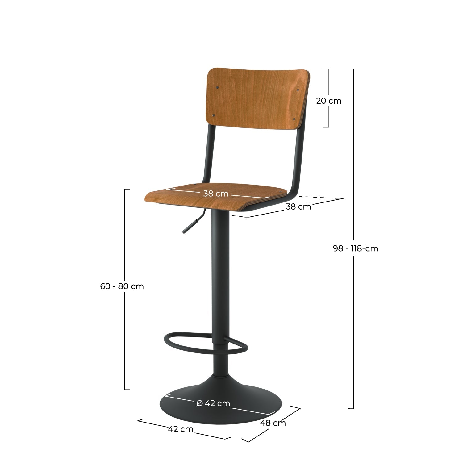 Clem - Juego de 2 sillas de bar regulables en madera oscura