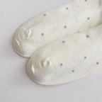 Tites Chaussettes – Chaussettes Volant Coeur & Pois, paire de chaussettes blanches à pois bleus, vue de dessus