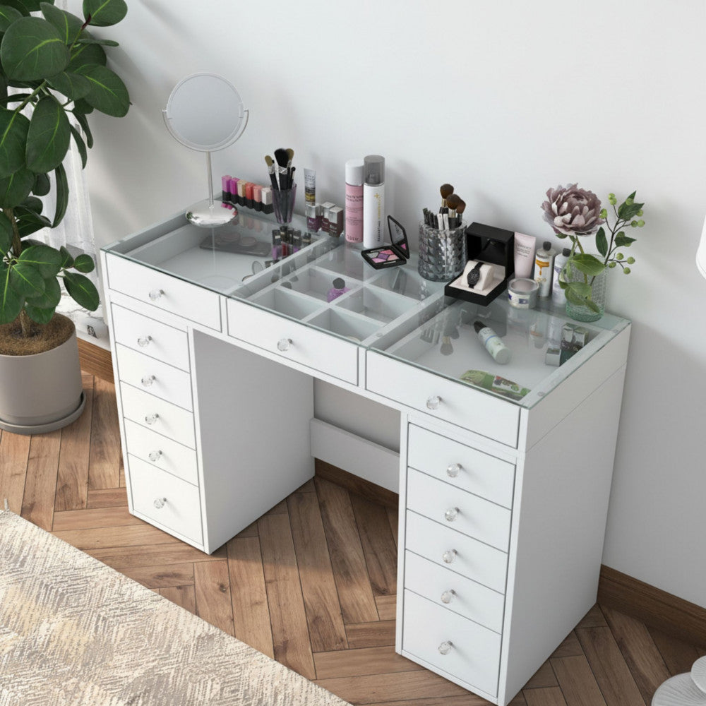 Tiya - Coiffeuse 13 Tiroirs Avec Plateau - Verre - Blanc