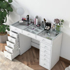 Tiya - Coiffeuse 13 Tiroirs Avec Plateau - Verre - Blanc