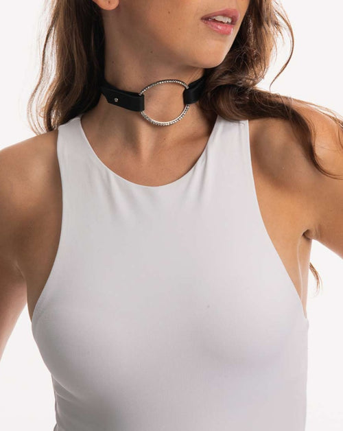 Helene Zubeldia - Choker Leather And Crystals Necklace - Silver - Woman