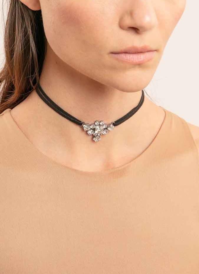 Helene Zubeldia - Collier Choker Velours Et Cristaux - Noir - Femme