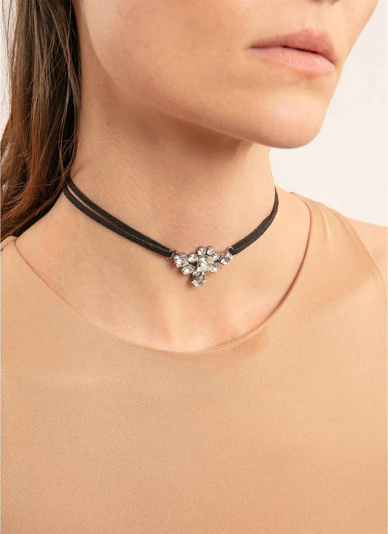 Helene Zubeldia - Collier Choker Velours Et Cristaux - Noir - Femme