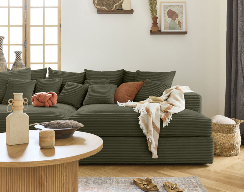 Collins - Canapé Avec Double Méridienne - 3 Places - Velours Grosses Côtes - Vert