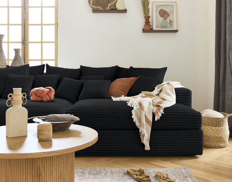Collins - Canapé Avec Double Méridienne - 3 Places - Velours Grosses Côtes - Noir