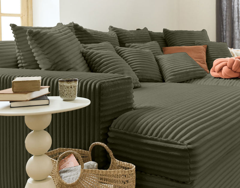 Collins - Canapé Avec Double Méridienne - 3 Places - Velours Grosses Côtes - Vert