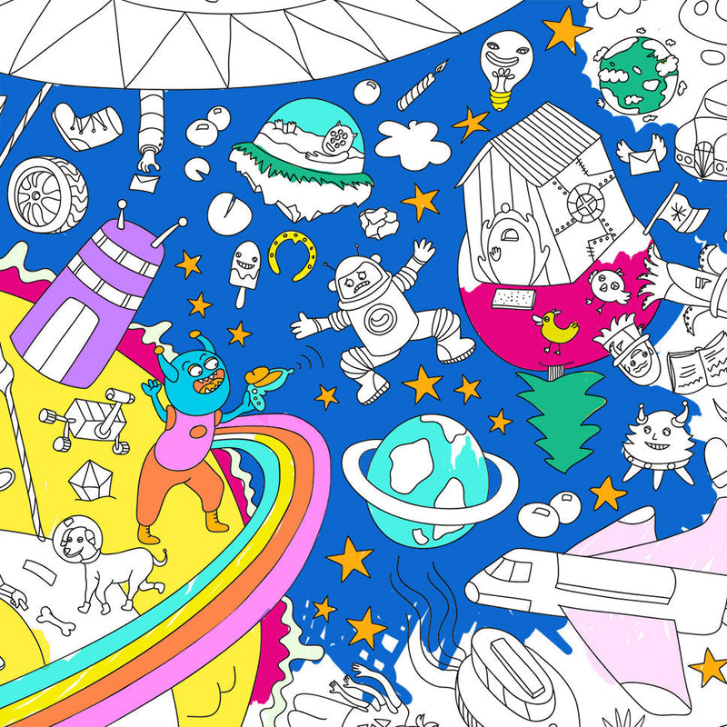 Zoom sur les illustrations à colorier du poster Cosmos : personnages dans l’espace