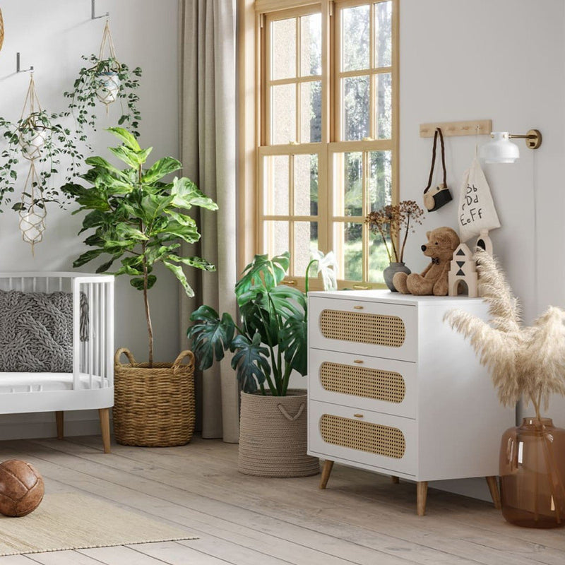 Commode 3 Tiroirs Façade Avec Cannage En Rotin - Canne - Blanc