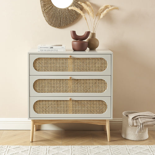Chest of drawers - 3 Drawers - Sixtine - Pearl Grey and Rattan Cane