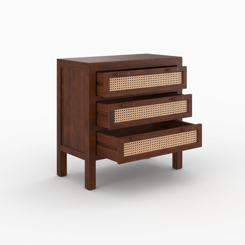 Commode Tiki en bois de manguier et cannage