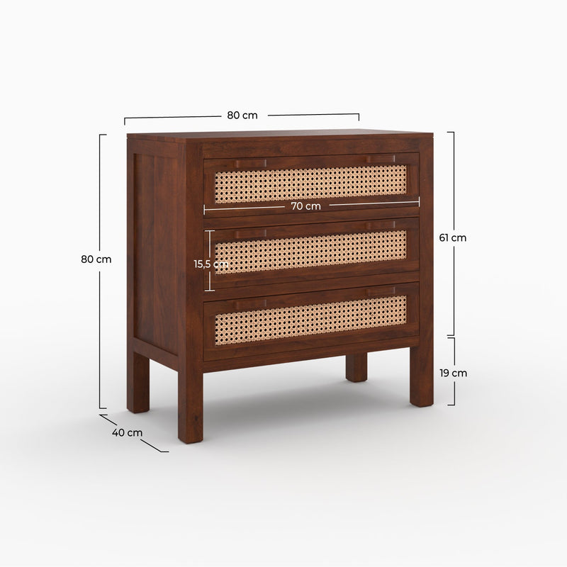 Commode Tiki en bois de manguier et cannage