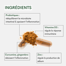 Le Complément SOS Squames Grasses de MakeMyMask est composé de probiotiques, vitamine D3, curcuma, gingembre et zinc pour lutter contre les pellicules grasses et la dermatite séborrhéique