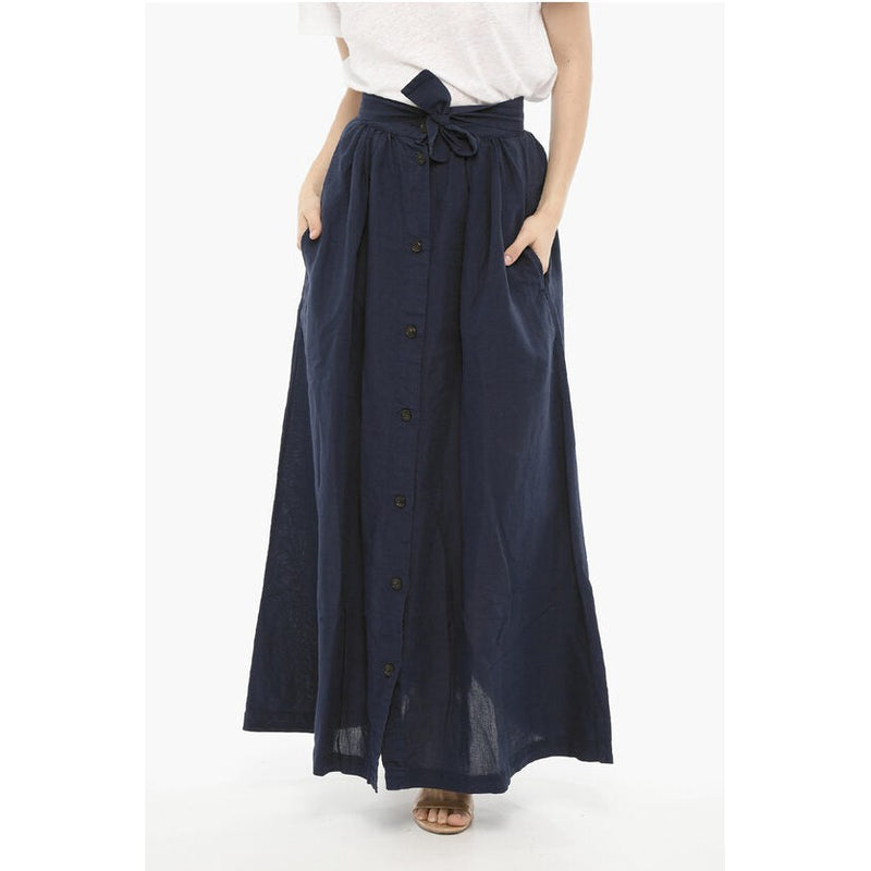 Cotton And Linen Maxi Skirt With Front Buttons