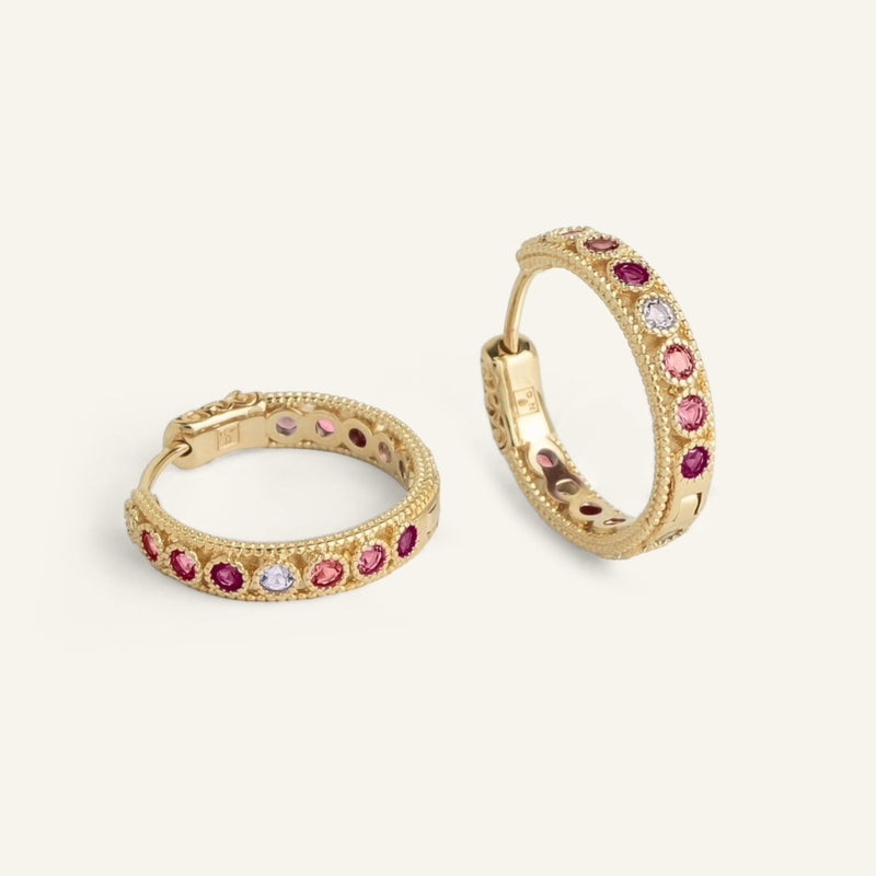 Boucles d'oreilles créoles femme plaqué or serties de pierres de zircons roses