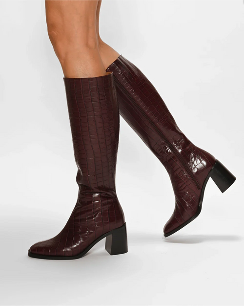 CRISTOBAL thick-heeled retro boots in exceptional upcycled burgundy croco-embossed leather.