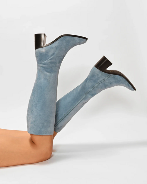 CRISTOBAL thick-heeled boots with retro styling and exceptional upcycled sky-blue suede leather.