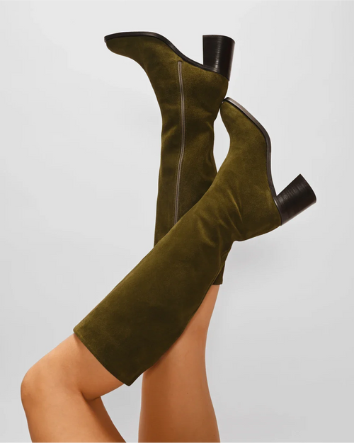 CRISTOBAL retro-style boots with thick heels and exceptional upcycled khaki suede leather. Timeless, elegant boots.