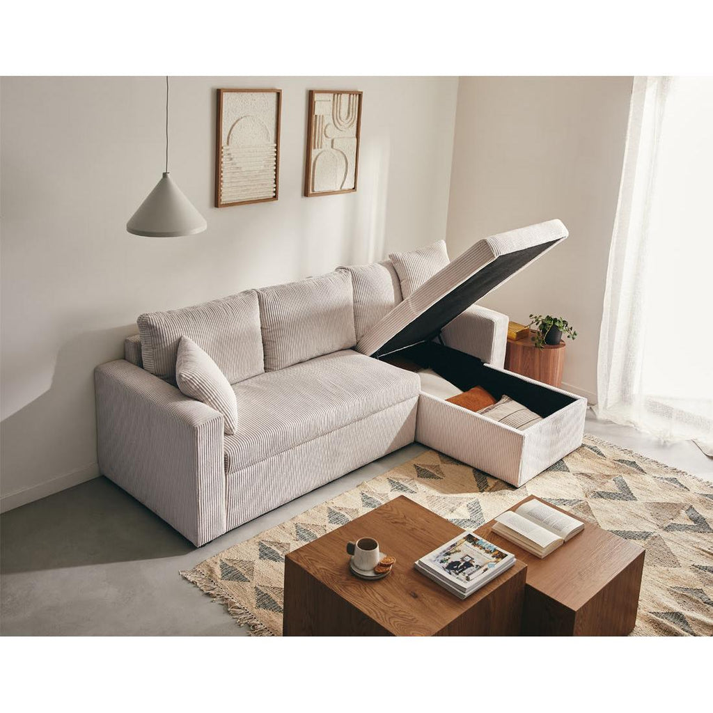 Cyrus - Canapé D'Angle Réversible Convertible Avec Coffre - 4 Places - Velours Côtelé - Beige