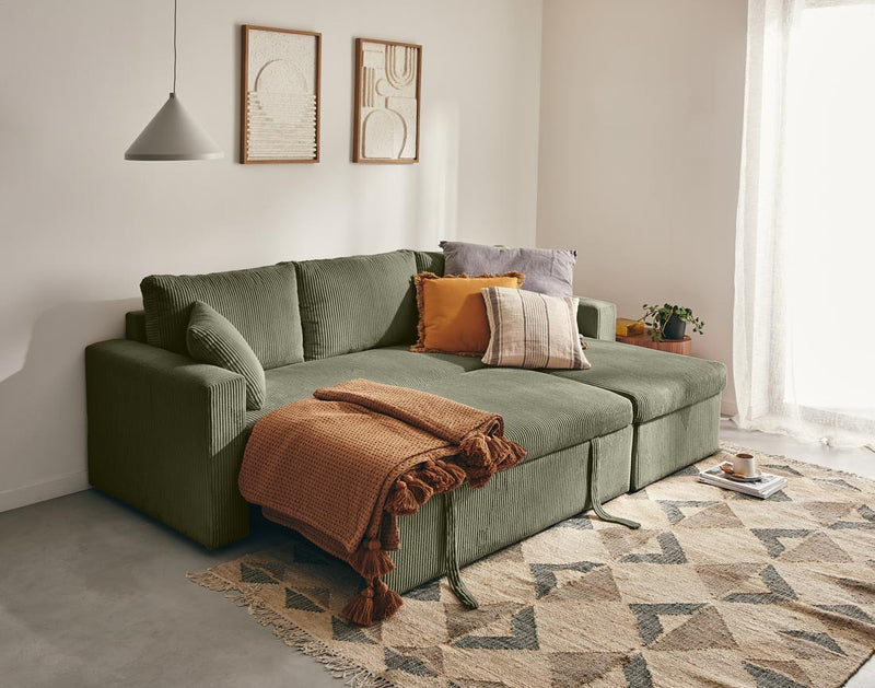 Cyrus - Sofá esquinero convertible reversible con caja de almacenamiento - 4 plazas - Pana - Verde