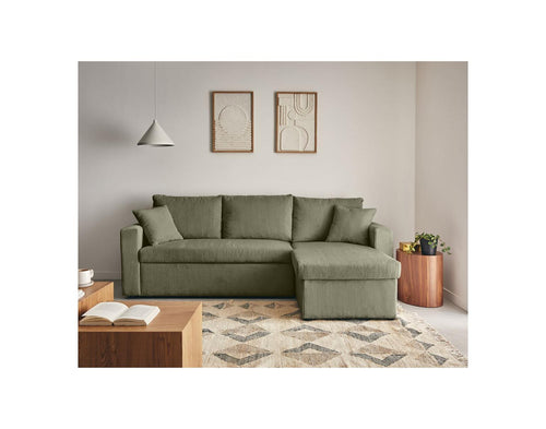 Cyrus - Sofá esquinero convertible reversible con caja de almacenamiento - 4 plazas - Pana - Verde