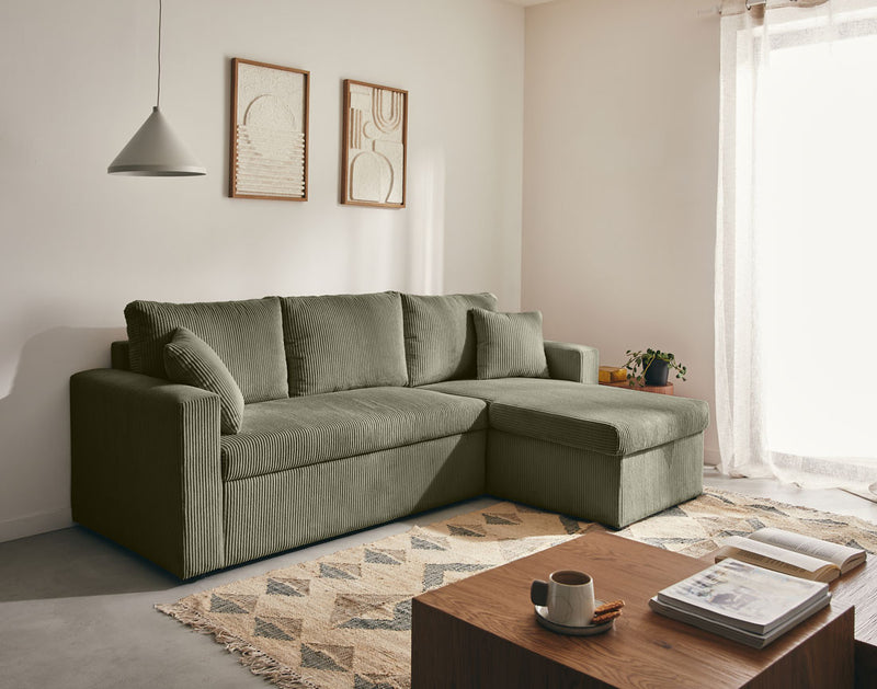 Cyrus - Sofá esquinero convertible reversible con caja de almacenamiento - 4 plazas - Pana - Verde