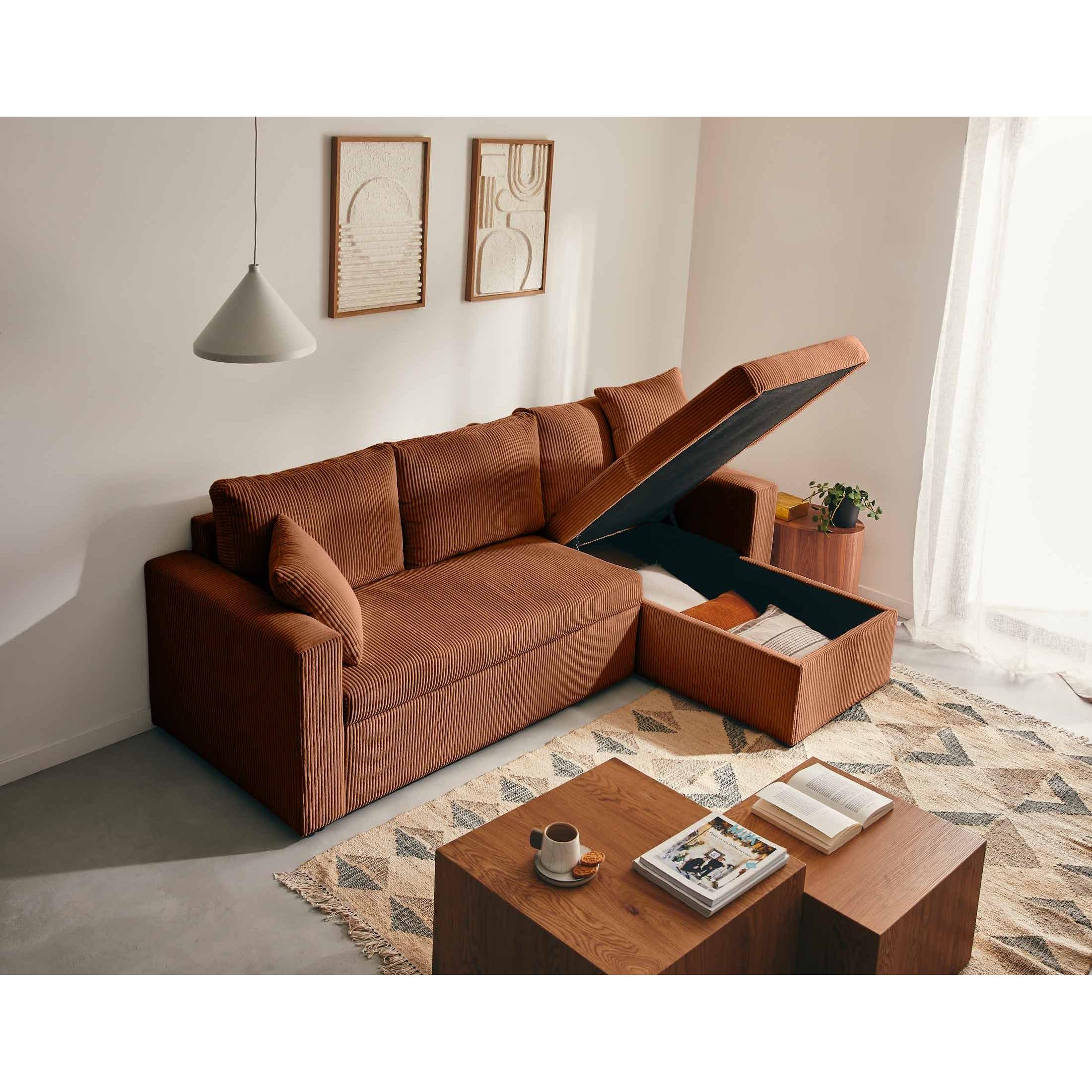 Cyrus - Canapé D'Angle Réversible Convertible Avec Coffre - 4 Places - Velours Côtelé - Terracotta