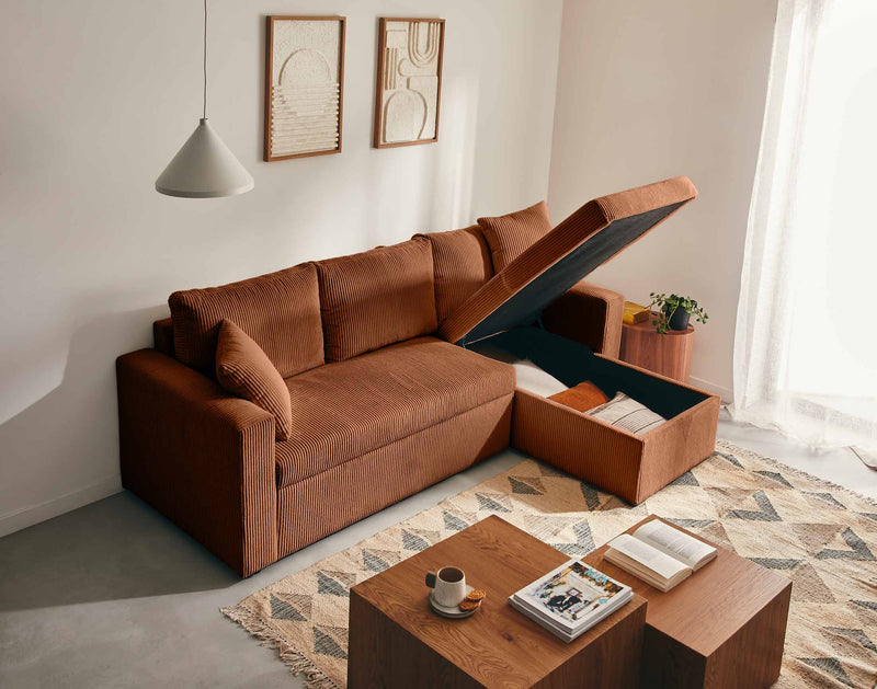 Cyrus - Reversible Convertible Corner Sofa with Storage Box - 4 Seater - Corduroy - Terracotta