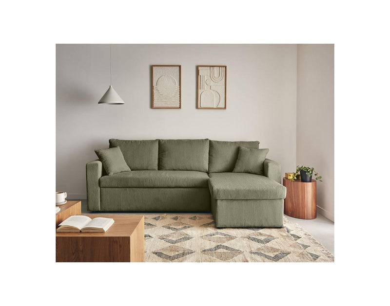 Cyrus - Sofá esquinero convertible reversible con caja de almacenamiento - 4 plazas - Pana - Verde