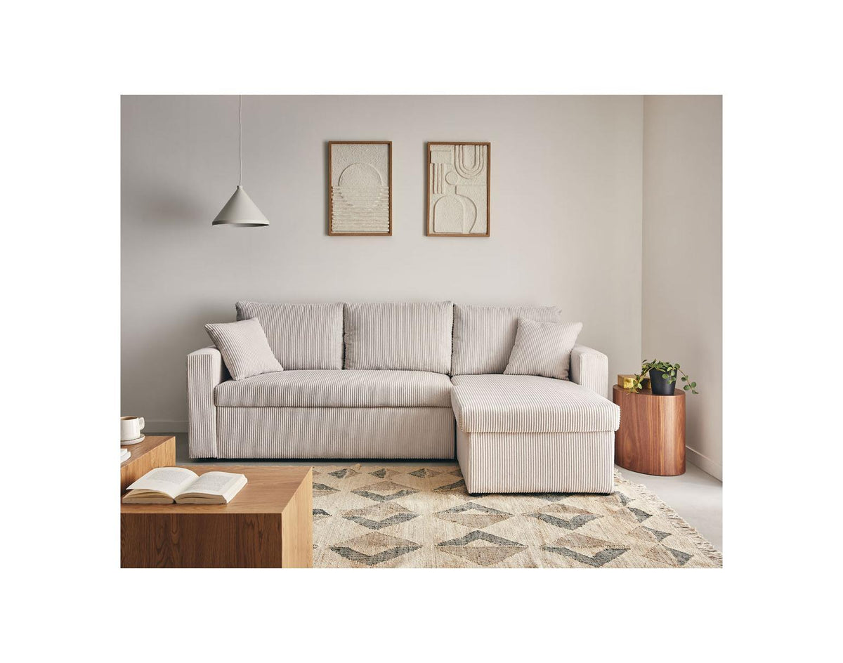 Cyrus - Canapé D'Angle Réversible Convertible Avec Coffre - 4 Places - Velours Côtelé - Beige