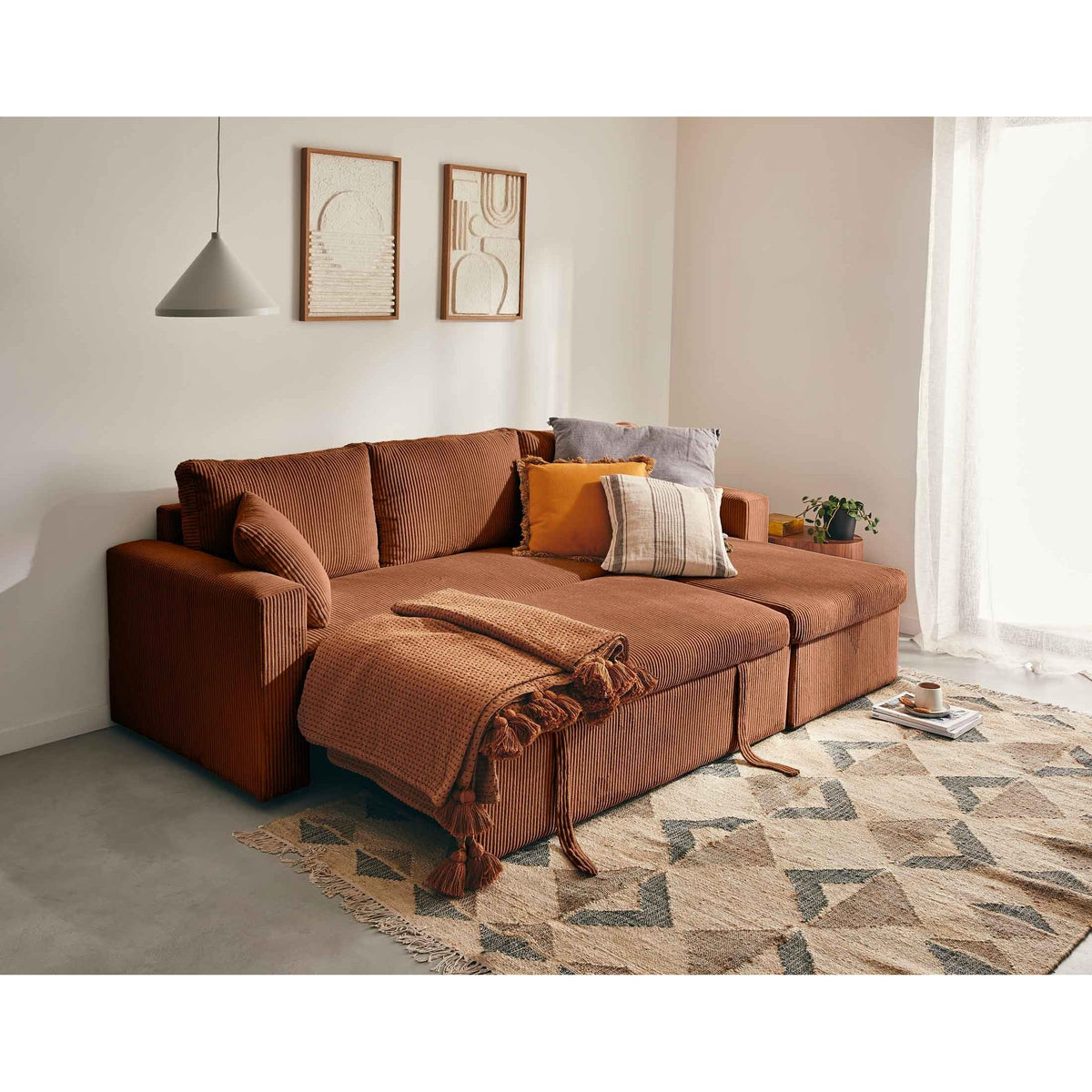 Cyrus - Canapé D'Angle Réversible Convertible Avec Coffre - 4 Places - Velours Côtelé - Terracotta