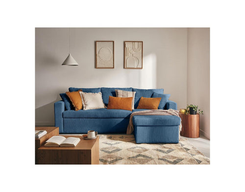 Cyrus - Sofá esquinero convertible reversible con caja de almacenamiento - 4 plazas - Pana - Azul