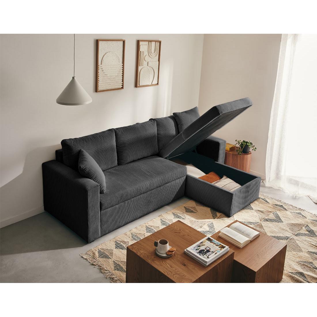 Cyrus - Canapé D'Angle Réversible Convertible Avec Coffre - 4 Places - Velours Côtelé - Gris Foncé